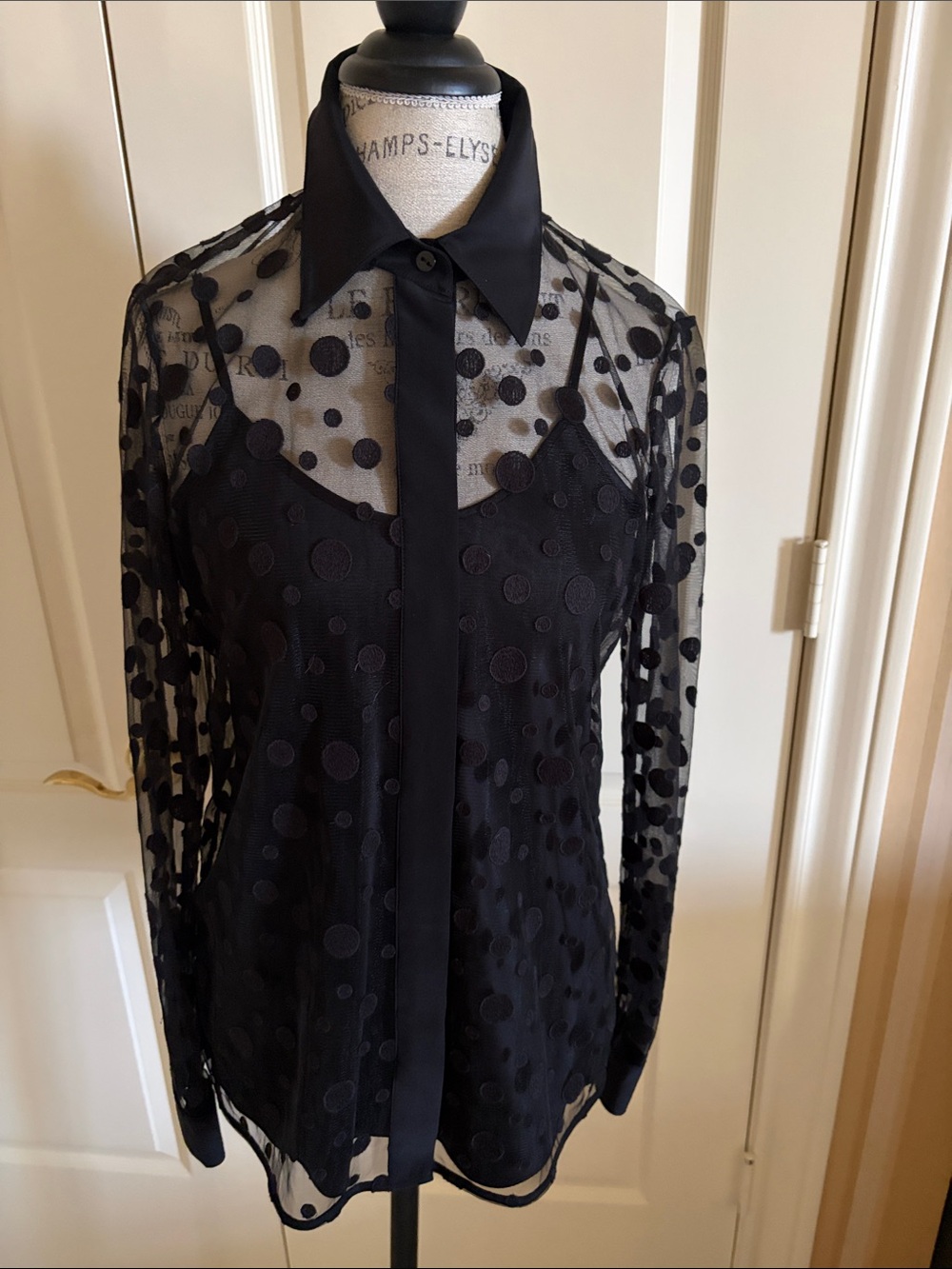 Worth Black Sheer Polka Dot Blouse with Camisole lovely satin collar and cuffs.